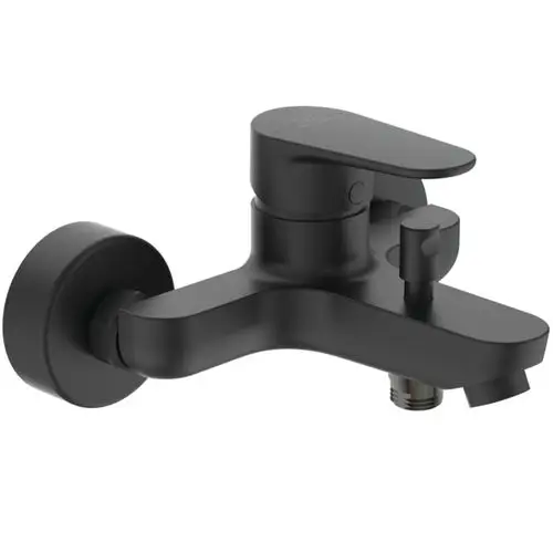 Schwarze Badarmatur von Ideal Standard mit einem Hebelmischer. Kompakte Ausführung, geeignet für Wandmontage.